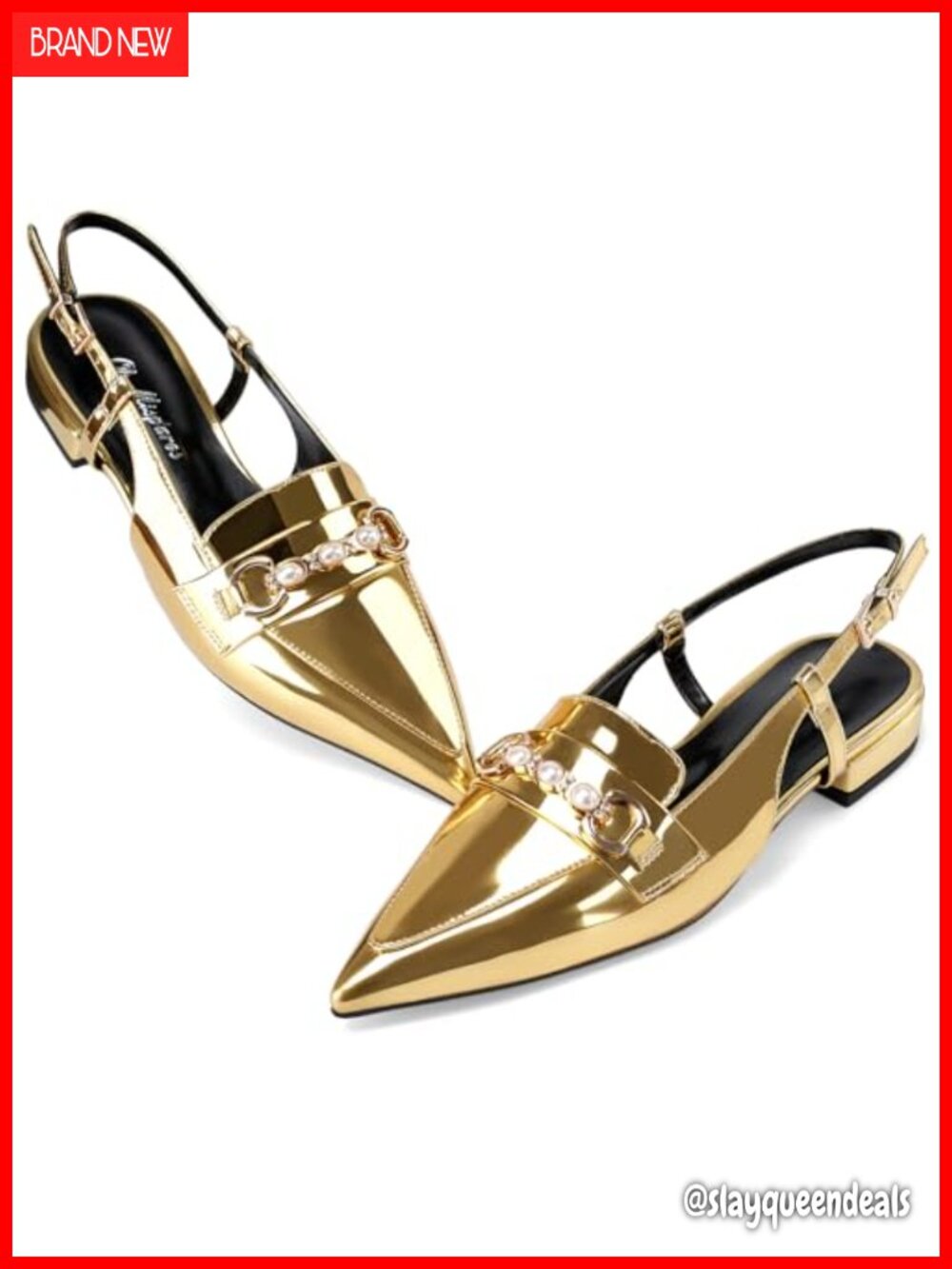 Pointed Toe Slingback Flats Low Heel Buckle Strap Comfortable Faux Leather